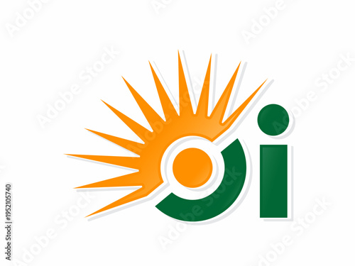 Professional corporate logo design featuring a stylized orange sun with sharp rays integrated with a bold green lowercase "oi" font on a white background.