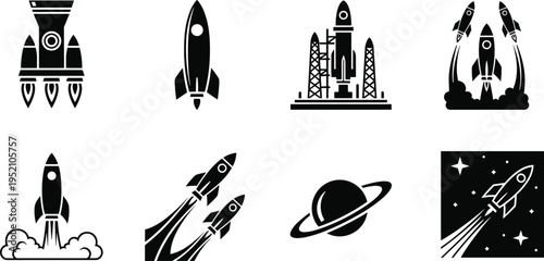Rocket Launch Silhouettes Collection, Space Shuttle, Missile, Saturn Rocket, Takeoff Flames, Planet Orbit, Stars Background, Space Exploration Icons, Black Vector Set