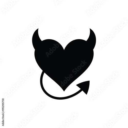 A black silhouette of a heart with devil horns and a pointed tail