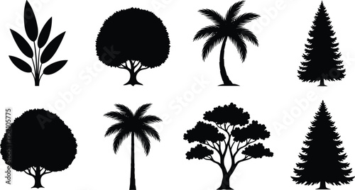 Set of eight black tree silhouettes including palm pine and deciduous trees, vector nature icons isolated on white background illustration.