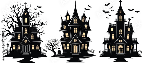 Spooky Halloween Haunted House Silhouette with Bats, Creepy Mansion, Dead Tree, Tombstone, Gothic Architecture, Black V