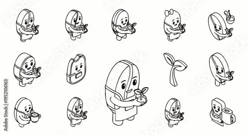 Cute cartoon bean characters, line art, nurturing plants. Vector icons for growth, sustainability, environmental care, agriculture, and eco-friendly concepts.