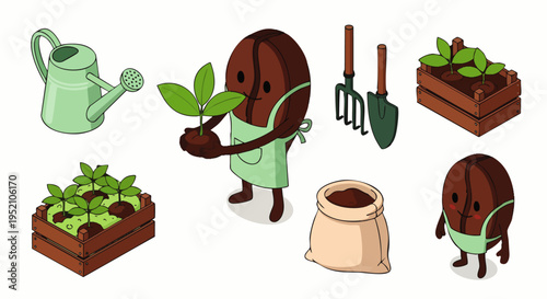 Cute coffee bean characters gardening, planting seedlings and watering plants, with gardening tools and supplies
