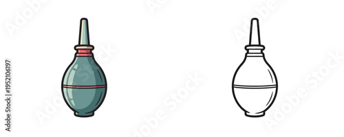 Medical rubber enema bulb syringe cartoon and linear style illustration in turquoise, red and white colors representing healthcare procedure on a plain white background