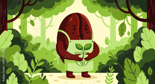 Cute anthropomorphic coffee bean character in apron holding a sprouting plant, surrounded by lush green forest and trees, symbolizing eco-friendly coffee production and sustainability.