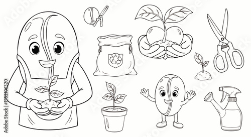 Cute cartoon coffee bean characters and gardening elements, hand-drawn line art for coloring pages and educational content.