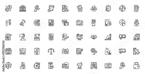 Finance icon set. Vector illustration with symbols for banking, investment, payment, blockchain, profit, and more. Minimalist editable stroke.