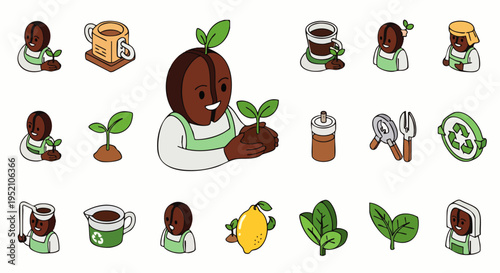 Cute coffee bean character growing plants and holding coffee cup, representing sustainable farming and organic products