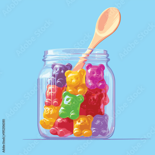 Colorful gummy bear candy sweet treat glass jar wooden spoon translucent chewy texture vibrant snack joyful blue background closeup playful mood , vector style simple color