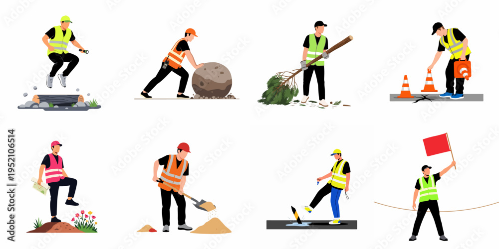 Fototapeta premium Flat vector illustration set of manual workers in high-visibility vests performing various construction, roadwork, and outdoor labor tasks on a white background.