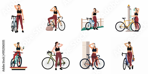Set of Illustrations Depicting a Female Cyclist Resting and Wiping Sweat During Her Various Bike Ride Sessions