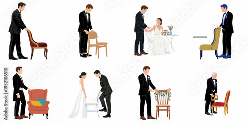 Collection of flat vector illustrations depicting gentlemen in formal suits politely pulling out chairs for women at weddings or formal events.