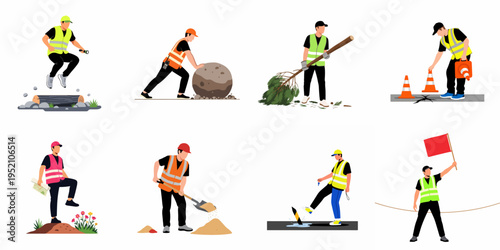 Flat vector illustration set of manual workers in high-visibility vests performing various construction, roadwork, and outdoor labor tasks on a white background.