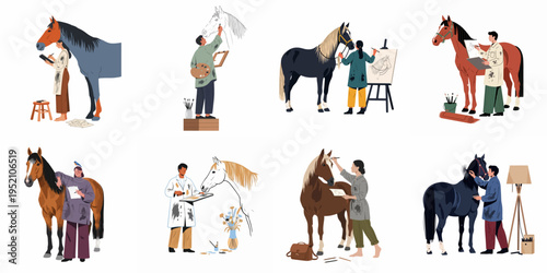 Collection of diverse artists drawing and painting horses, showcasing different artistic techniques and equestrian subjects in a minimalist flat style.