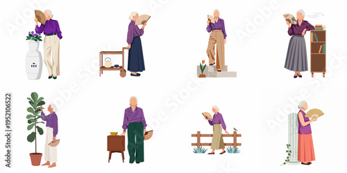 Vector illustration set of an elegant elderly woman in stylish outfits posing with a handheld folding fan in various indoor and outdoor scenes.