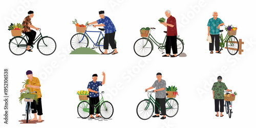 Collection of vector illustrations showing an elderly Indonesian man in traditional batik selling fresh vegetables from his bicycle on a white background.