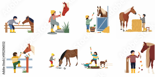 Set of flat vector illustrations depicting various children feeding carrots to horses in different farm and ranch settings.