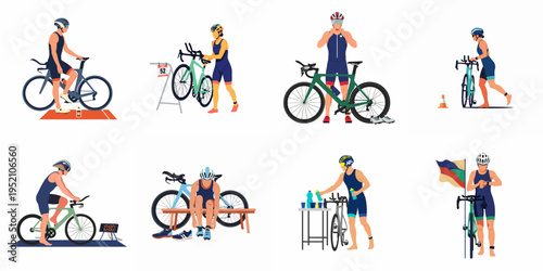 Flat vector illustrations of triathlon athletes during various stages of a race, including transition phases, cycling, and equipment preparation.