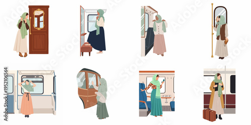 Collection of flat vector illustrations featuring Muslim women in hijabs traveling on public transportation like trains and subways.