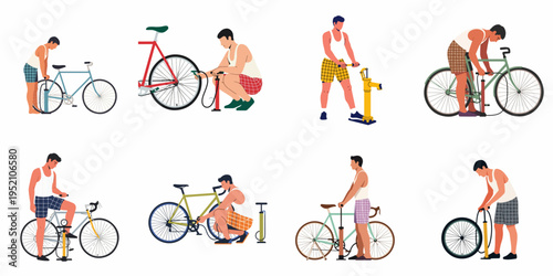 Set of illustrations showing a man inflating bicycle tires and using a water pump, isolated on white background.
