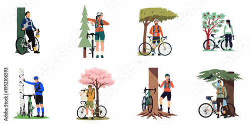 Set of flat illustrations featuring various cyclists taking breaks and resting under different trees during their outdoor adventures and bicycle trips.