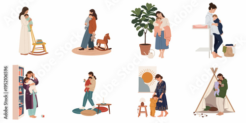 Minimalist vector illustrations depicting various scenes of a mother nurturing and caring for her baby in a cozy and warm home environment.