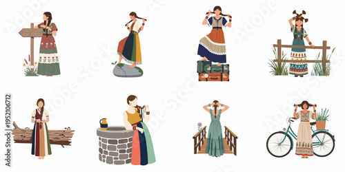 Set of eight flat illustrations of women in bohemian and folk-style clothing in various outdoor rustic settings