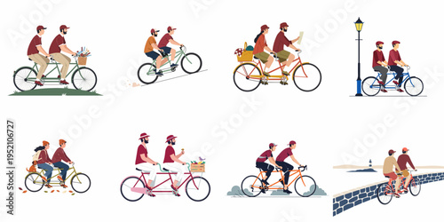 Illustration set of various people and couples riding tandem bicycles in different outdoor settings, showcasing healthy lifestyles and teamwork.