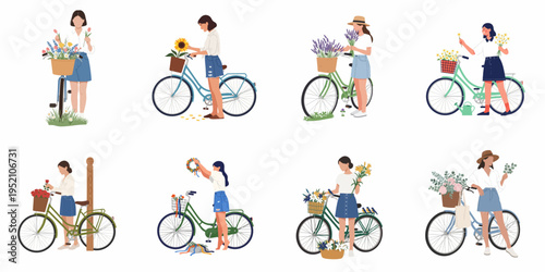A collection of various flat vector illustrations showing young women with vintage bicycles decorated with colorful flowers, isolated on a white background.