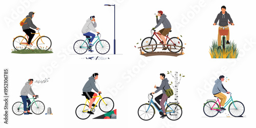 A collection of various flat-style illustrations depicting young men riding bicycles in different outdoor scenarios and environments.