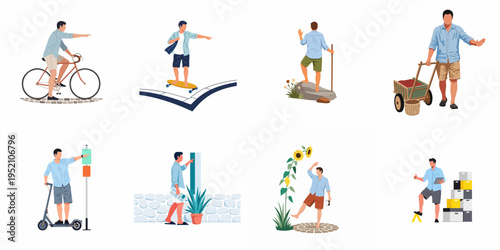 Vector illustration set of a young man engaged in diverse activities including cycling, skateboarding, hiking, commuting, gardening, and warehouse work.