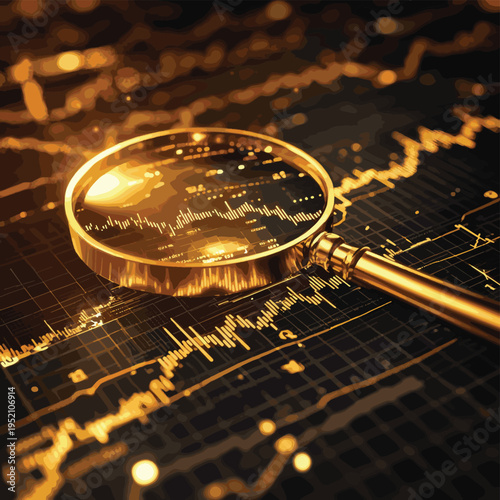 Golden magnifying glass hovers over digital financial chart with fluctuating lines, symbolizing investment analysis and business scrutiny