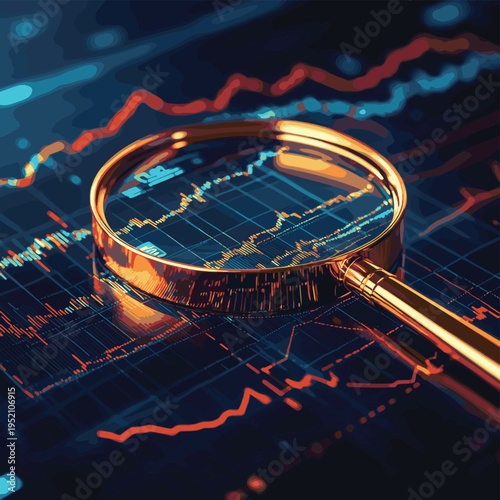 Golden magnifying glass hovers over digital financial chart with fluctuating lines, symbolizing investment analysis and business scrutiny