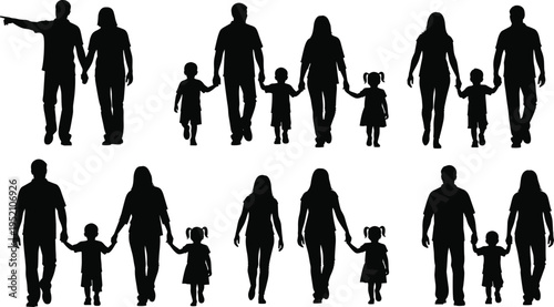 Family walking silhouettes parents and children holding hands together black silhouette collection isolated background parenting love relationship concept