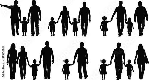 Family walking together silhouette set parents with children holding hands happy family lifestyle parenting vector illustration collection