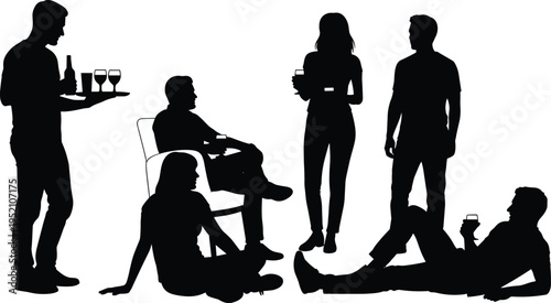 Friends gathering silhouette drinking and talking together showing social lifestyle party relaxation communication friendship concept