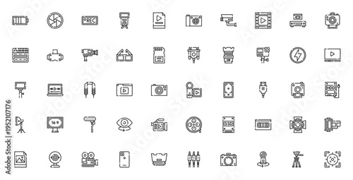 Video and Camera icon set. Vector illustration pack. Includes symbols for camera, video, lens, tripod, flash, film, recording, action camera, webcam, microphone and more. Editable stroke.