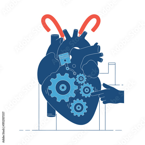 Mechanical Heart with Gears and Piston Illustration.