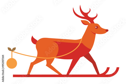 A reindeer pulls a sleigh with a single orange ball isolated on transparent background, Vector
