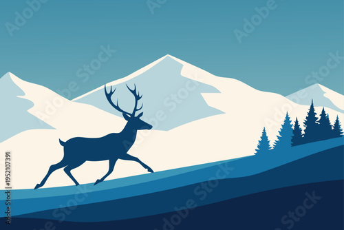 A deer runs through a mountainous landscape isolated on transparent background, Vector