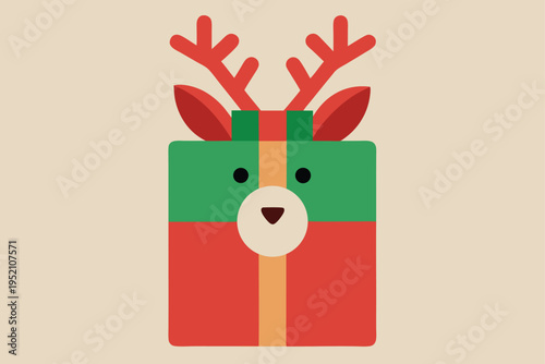 A red and green gift box with reindeer antlers isolated on transparent background, Vector
