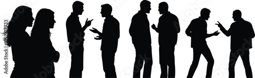 People talking silhouettes, conversation and discussion, communication concept, business meeting, social interaction, arguing debate, human relations, isolated black figures, teamwork