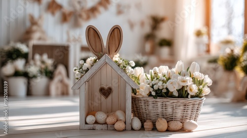 Easter bunny house with eggs and flowers on white background 3D render