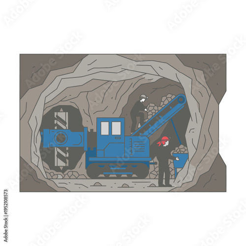 Mining machine and worker in underground excavation.