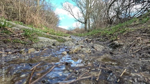 Low Angle Stream Flowing Over Rocks Natural Ground Level View