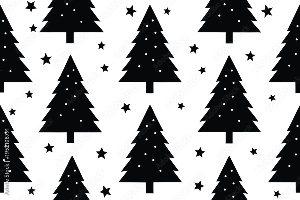 Obraz premium A black and white christmas tree pattern with stars isolated on transparent background, Vector