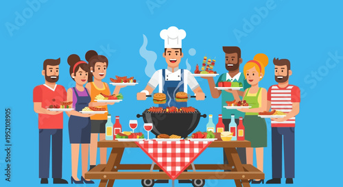 Backyard BBQ Party with Diverse Friends and a Chef Grilling Food Flat Vector Illustration Outdoor Summer Picnic and Catering Concept