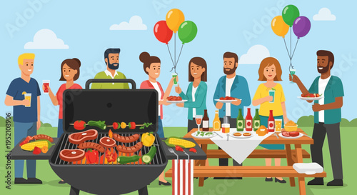 Diverse Group of Friends Enjoying a Backyard BBQ Party with Grilled Food and Drinks Vector Illustration