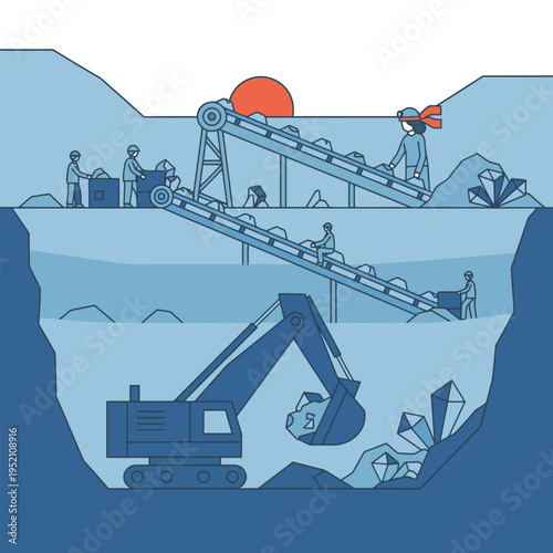 Mining operation with excavator and conveyor belts extracting gems.