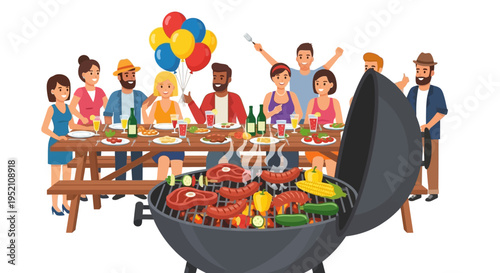 Diverse Group of Friends Enjoying Backyard Barbecue Party with Grilled Food and Balloons Illustration